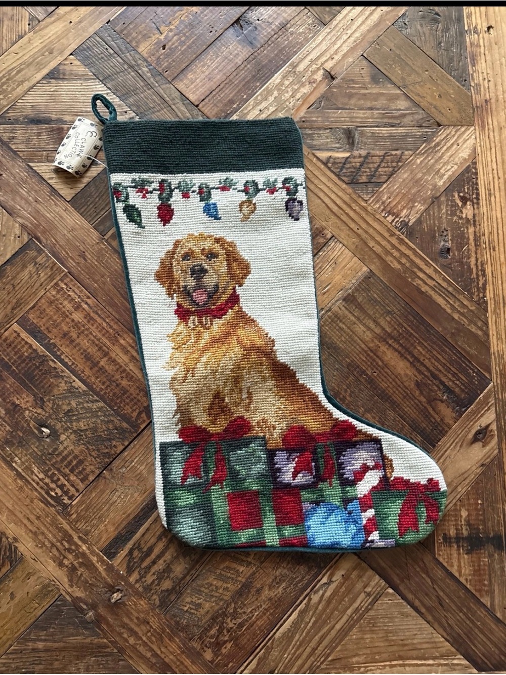 Vintage Needlepoint Dog Christmas Stocking, Golden Retriever
